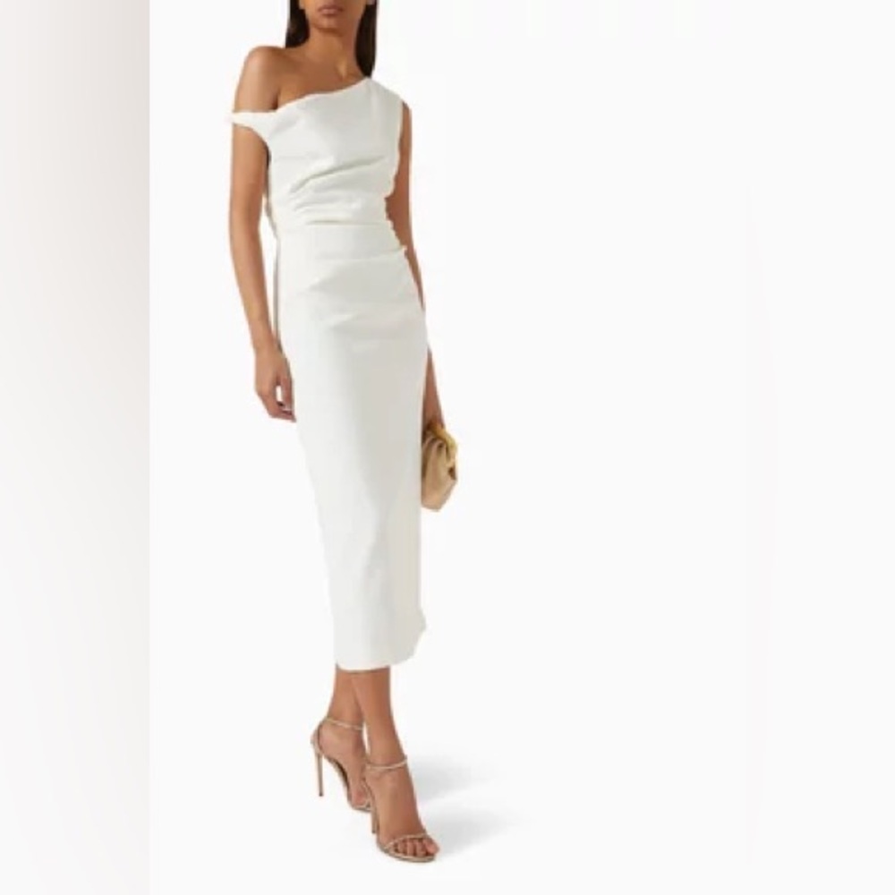 Misha One-Shoulder White Ruched Midi Dress - Picture 2 of 5